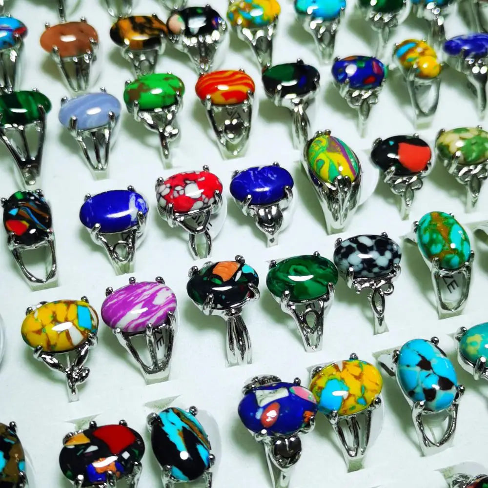 Adjustable Stone Rings Synthetic Cheap Turquoise Ring Zinc Alloy Silver Color Mixed Ring Unisex 1613437