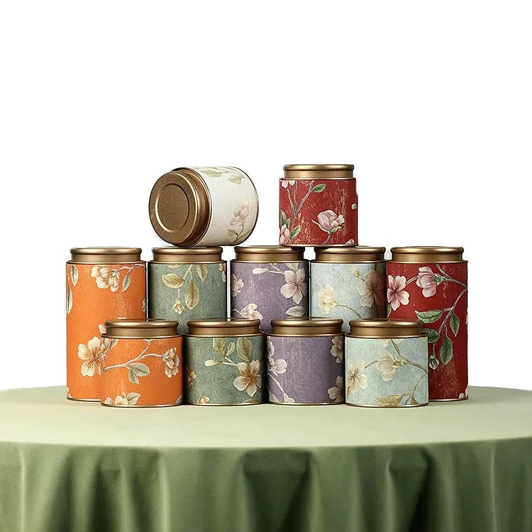 Decorative Flower Pattern Tinplate Cylinder Screw Cap Food Grade Canister Scented Tea Snack Storage Box