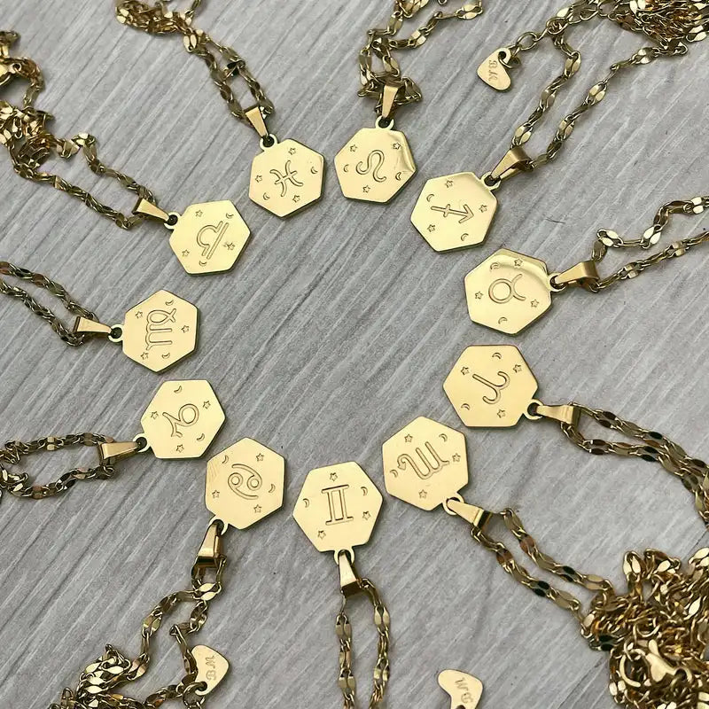 Fashion Zodiac Jewelry Necklace Hexagon Pendant Engraved 12 Zodiac Sign Necklace Women Stainless Steel 14k Gold Plated Necklace