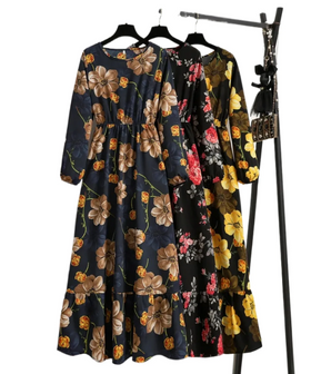 Fashion Floral Printed Full Sleeve O Neck Casual Dress Women Party Long Dresses Maxi Chiffon Robe for Lady GB0026