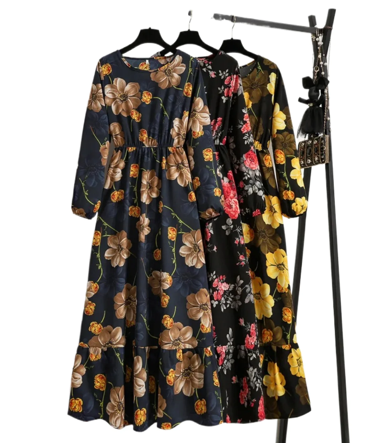 Fashion Floral Printed Full Sleeve O Neck Casual Dress Women Party Long Dresses Maxi Chiffon Robe for Lady GB0026