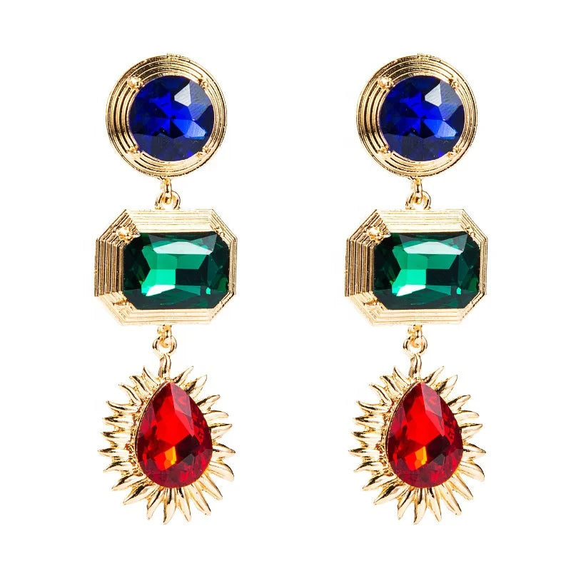 SC Hot Temperament Long Gold Plated Earrings Creative Gemstone Geometric Earrings Retro Colorful Glass Drill Diamond Earrings