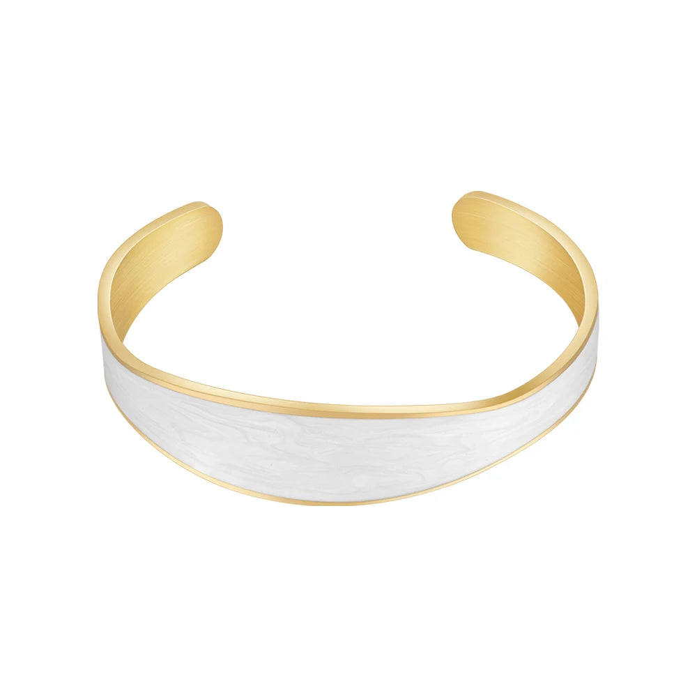 Latest 18K Gold Plated Stainless Steel Jewelry Irregular Thick Circle White Epoxy Cuff Bangle for Women Open Bracelet B232385