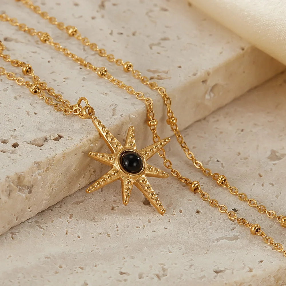 Waterproof Stainless Steel Vintage Natural Black Agate Sun Pendant 18K Gold Plated Necklace for Women