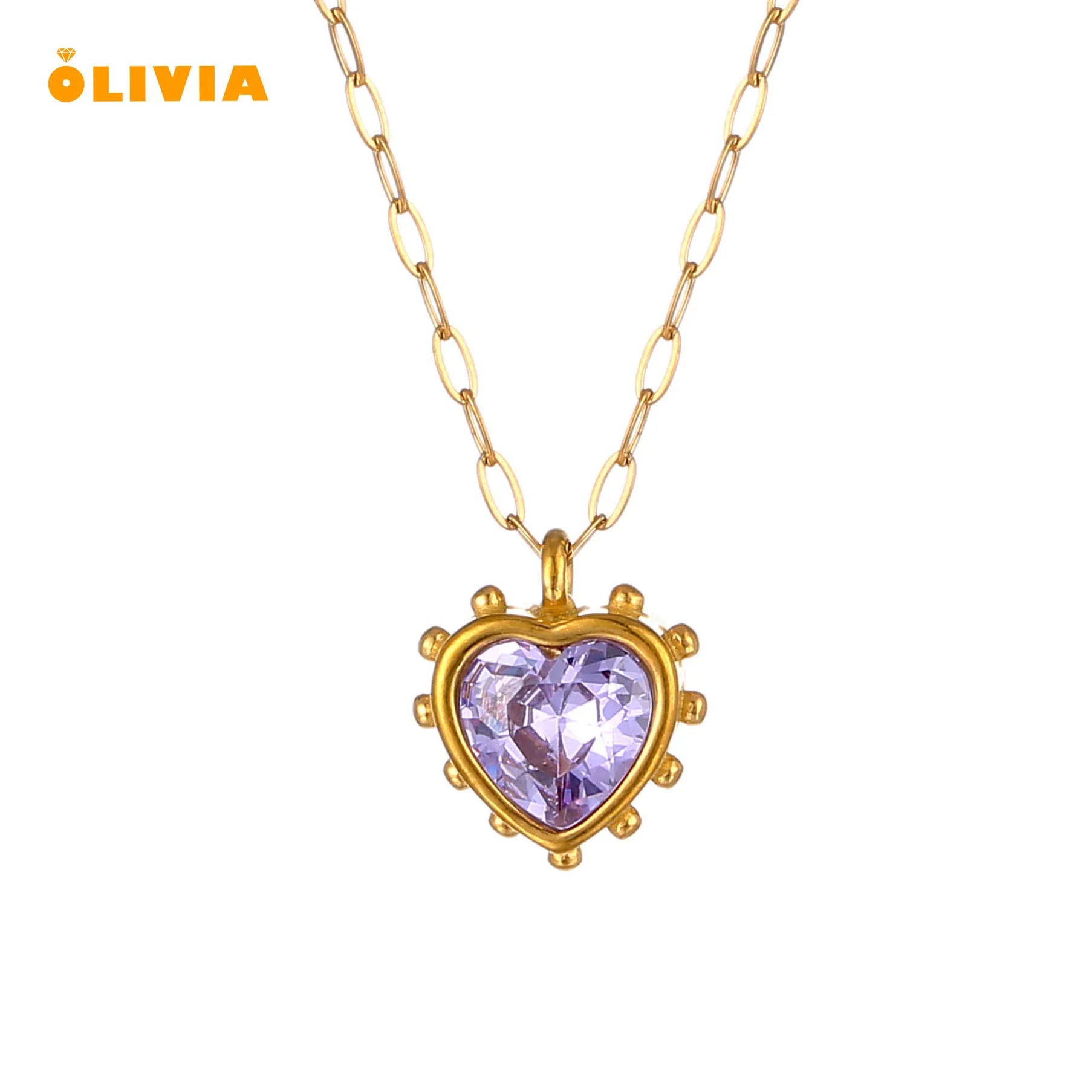Stainless Steel Cz Heart Choker Gold Violet Cubic Zirconia Love Heart Necklace Women Dainty Necklace With Heart Birth Stone