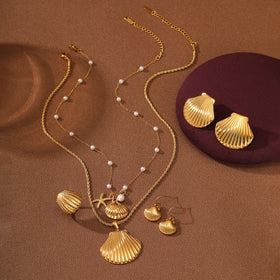 INS Hot Sale Starfish Scallop Shell 316L Stainless Steel Necklace Earring Ring Design Jewelry Sets Women Water Wedding Party