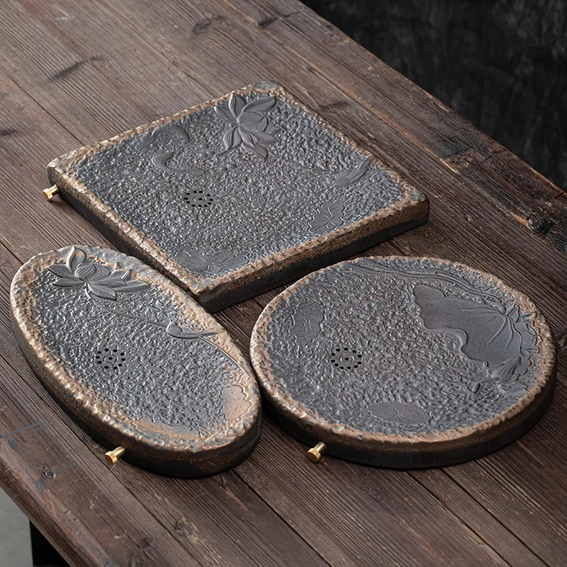 Japanese Style Dual-Use Ceramic Tea Tray with Iron Glaze Coarse Pottery Water Storage Drainage Dry Pour Saucer for Tea Table