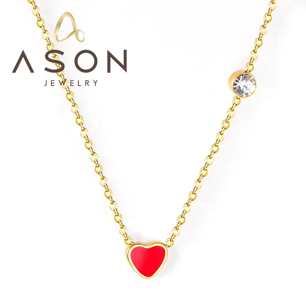 Ason Fashion Heart Shape Simple Girl Gift Pendant Necklace Women Jewelry Stainless Steel 18k Gold Plating Red Heart Necklace
