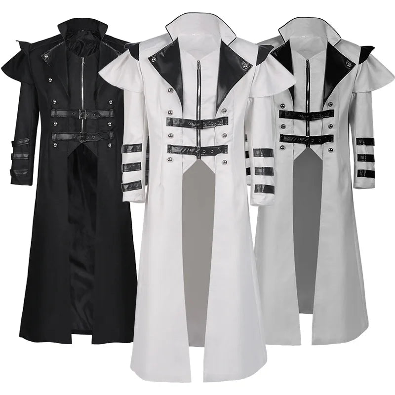 Men Medieval Steampunk Assassin Cosplay Costume Victorian Monk Gothic Black Long Coat Vintage Pirate Overcoat S-3XL