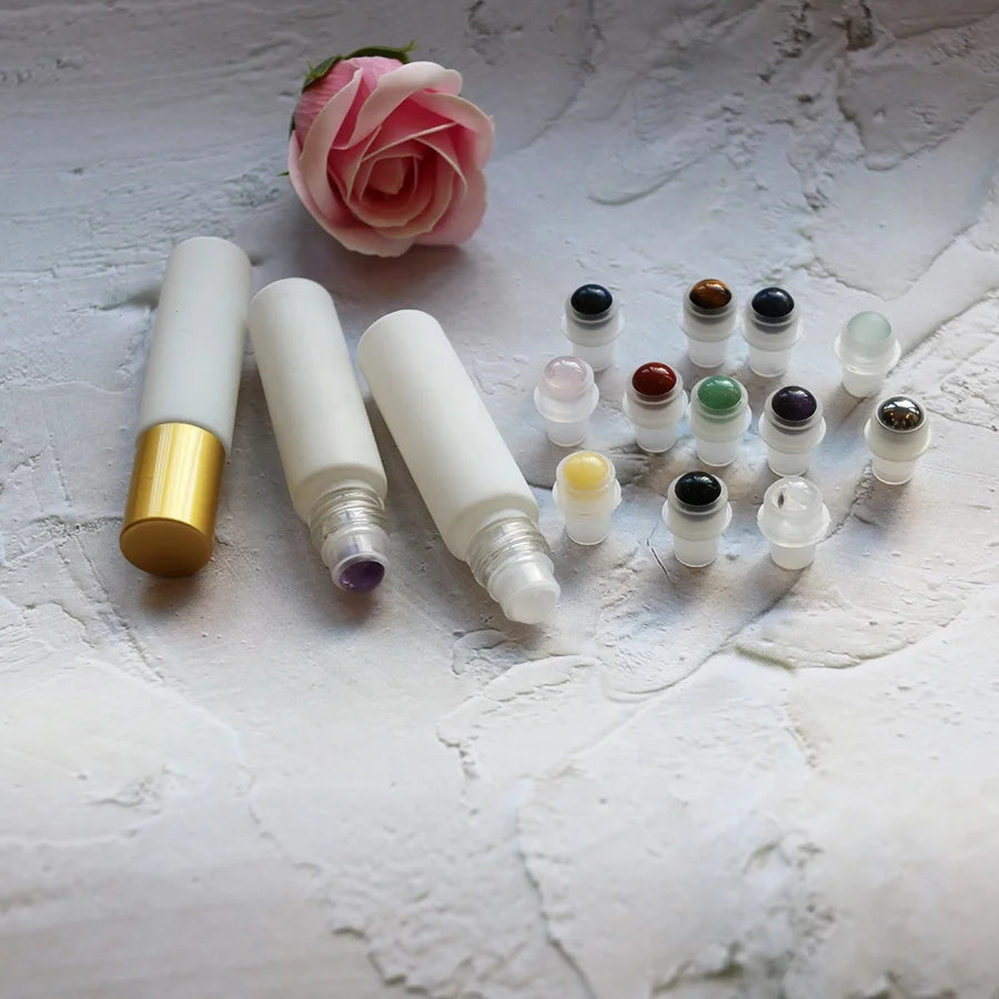 Wholesale 10ml Macaron Matte White Crystal Roller Glass Bottle with Light Matte Gold Roll-on Cap