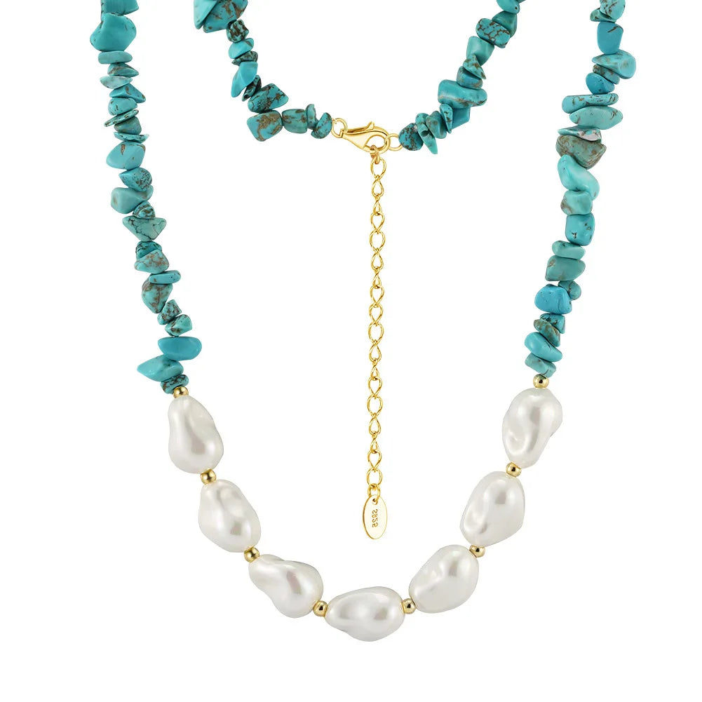 ACME 925 Silver Irregular Natural Shell Baroque Pearl Turquoise Beads Choker Necklace Beach Bohemian Holiday Jewelry