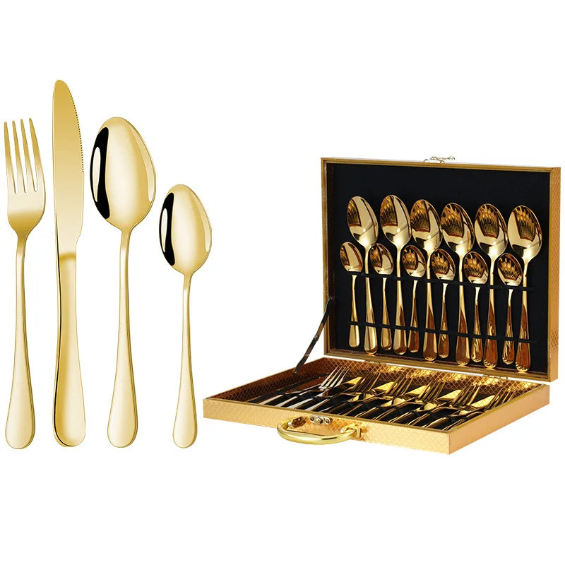 Hot Sale Gold Cutlery Gift Wooden Box Set Stainless Steel Knife Fork Spoon Cutlery Set Gift Box