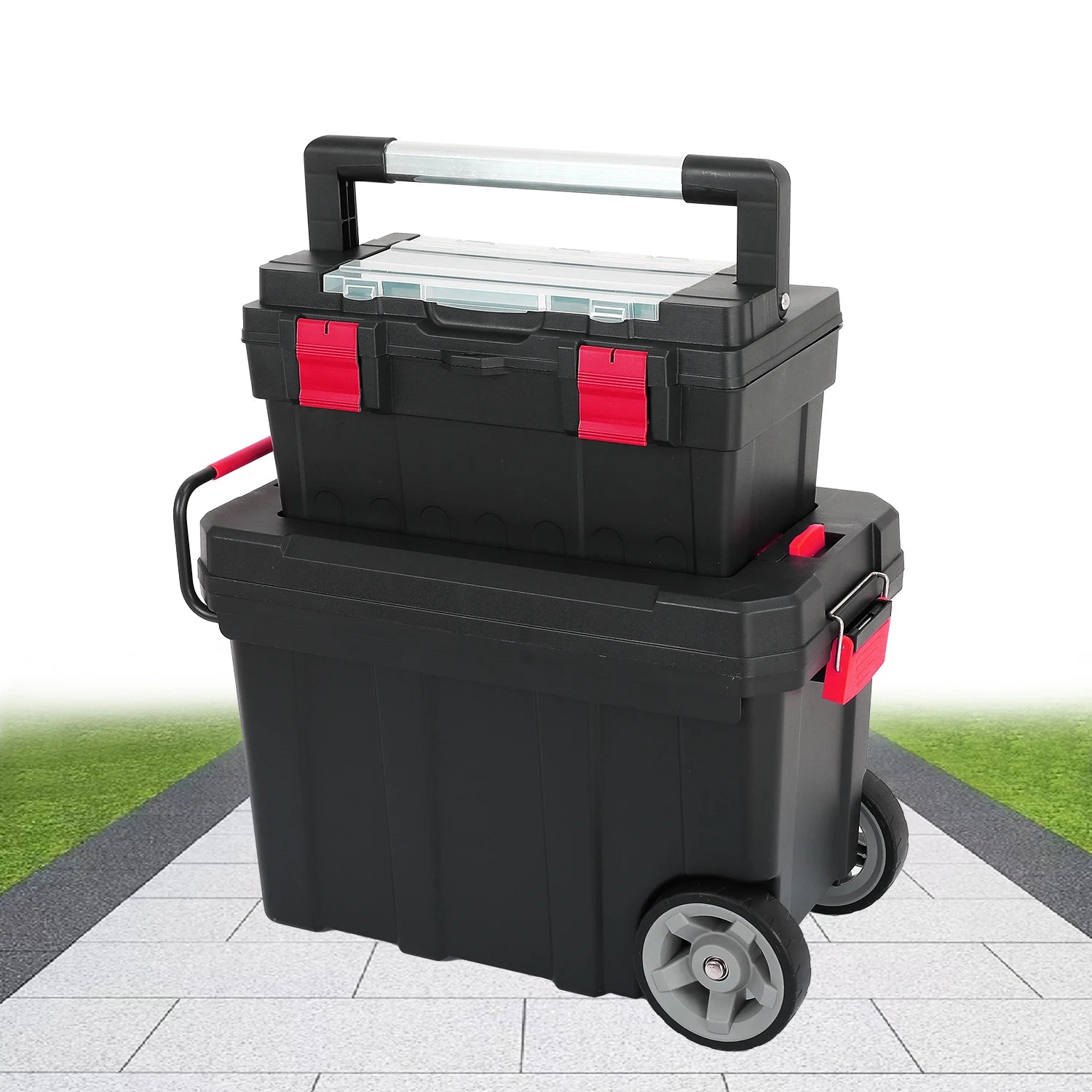 Vertak Stackable and Lined Wheeled Tool Roller Box Plastic Large Rolling Tool Box Set with Aluminum Handle