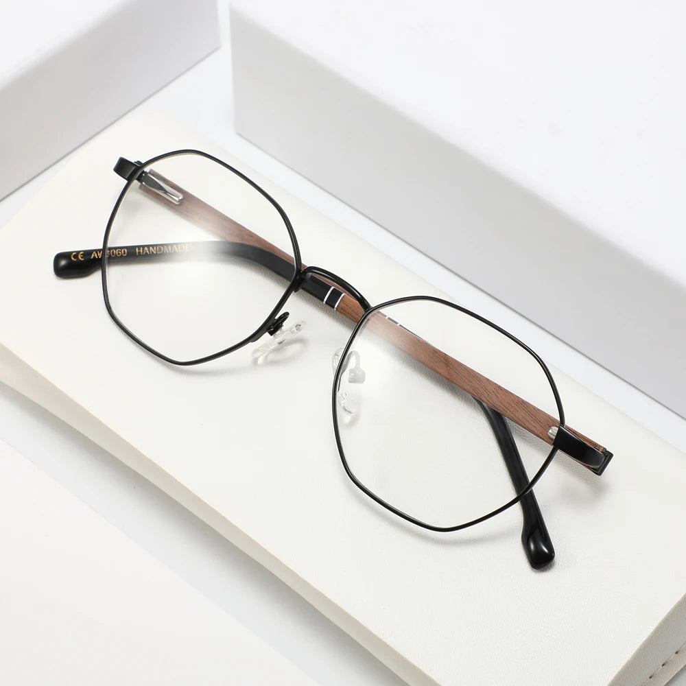 New Fashion Style Custom Anti- Blue Light Glasses Wood Temples Metal Eyeglasses Optical Frames Clear Lens Women Reading Glasses