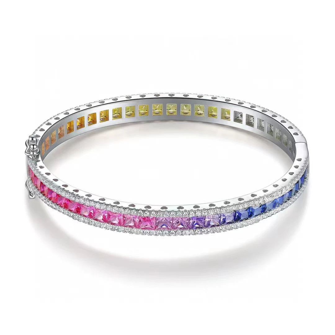 Multi-Color S925 Silver Platinum Plated Classic Lab Grown Corundum Colored Diamonds Bangle Bracelets for Lover Birthday Wedding