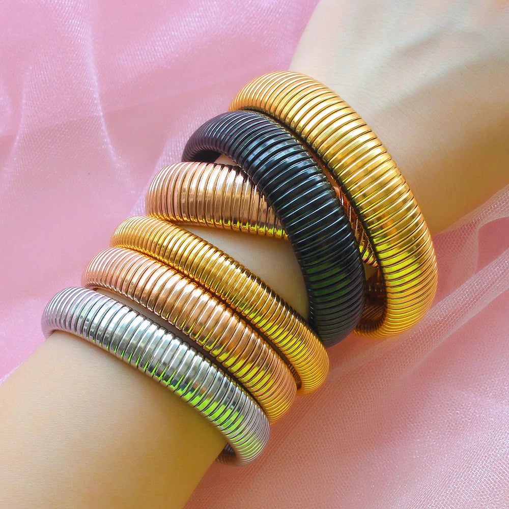 Chunky Stretch 18K Gold Plated Wide Stack Designer Bracelet Elastic Stainless Steel Bangle Bracelet Wholesale Jewelry
