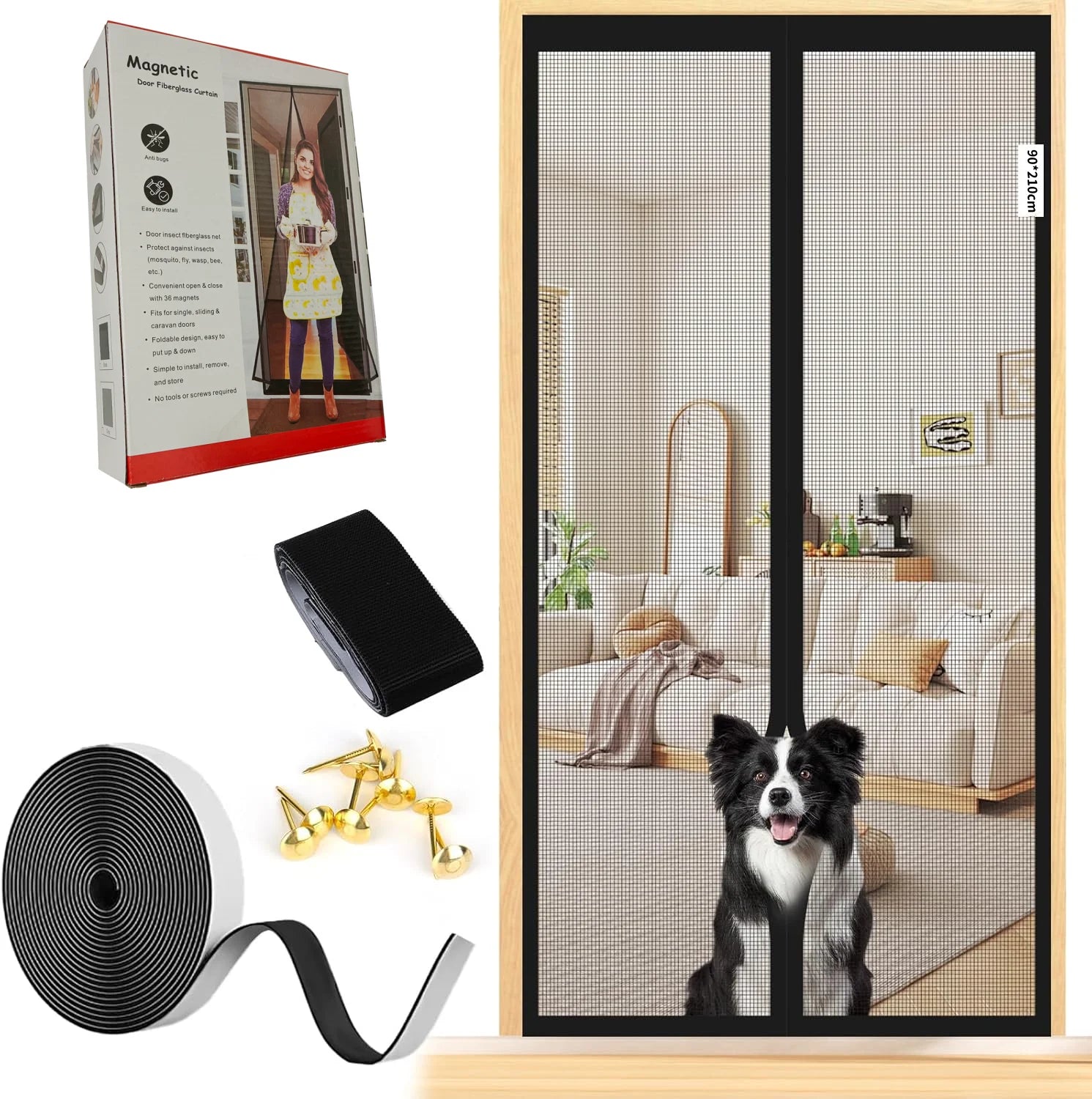 High Density DIY Full Frame Magnetic Mosquito Net Door Screen Adhesive Easy Install Fire-Proof Washable for Kitchen Living Room