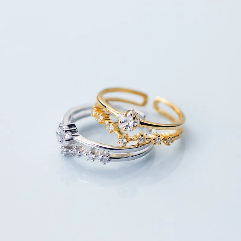 Cubic Zircon Star Shape Adjustable Open Double Layered Gold Plated 925 Sterling Silver Finger Rings Fashion Jewelry for Women