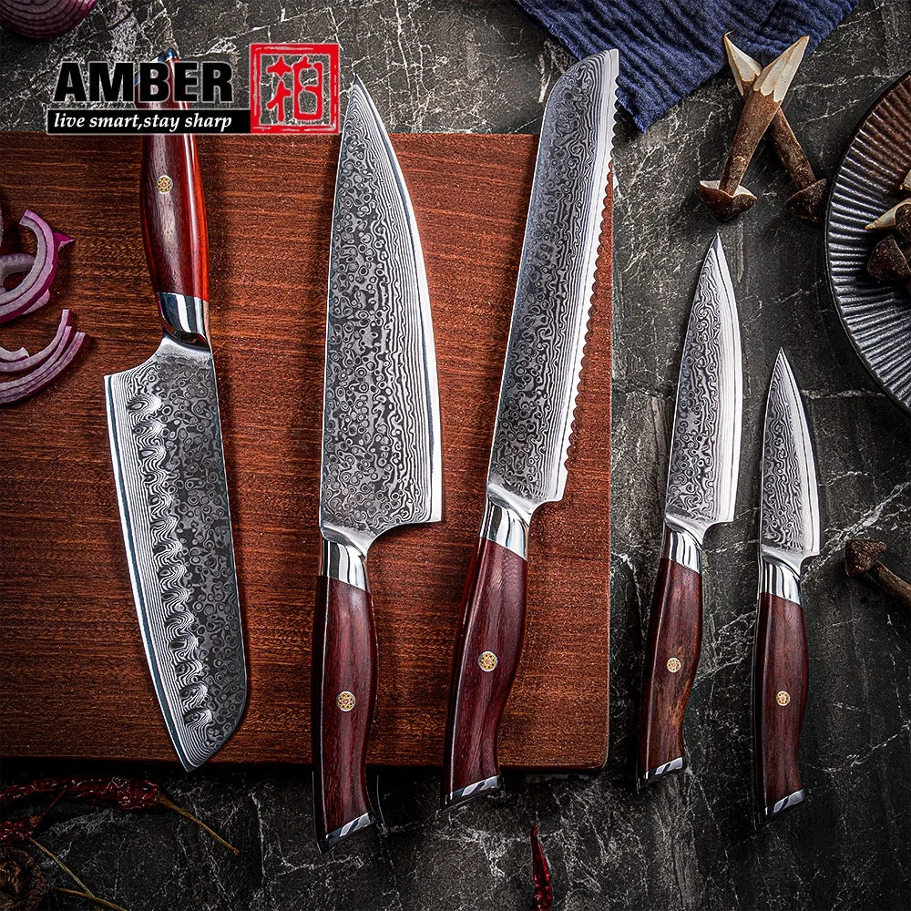 Premium Kitchen Chef Santoku Bread Utility Fruit Carving VG10 67 Layer Damascus Steel Knife Set of Rose Wood Handle