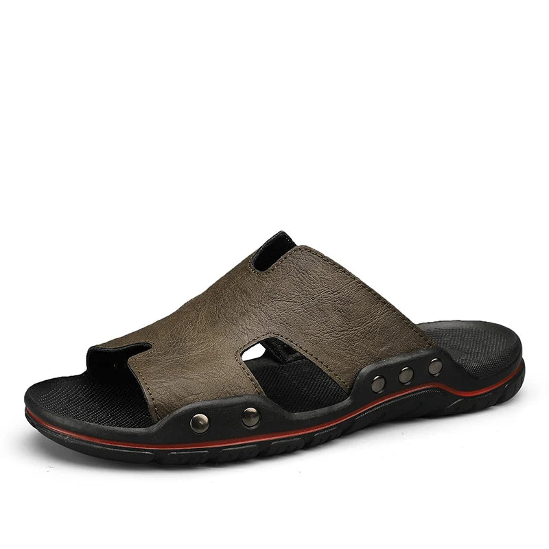 In Ready Stock Fast Delivery Light Weight Genuine Leather Upper Anti Slip Large Size Men Leather Summer Beach Slippers