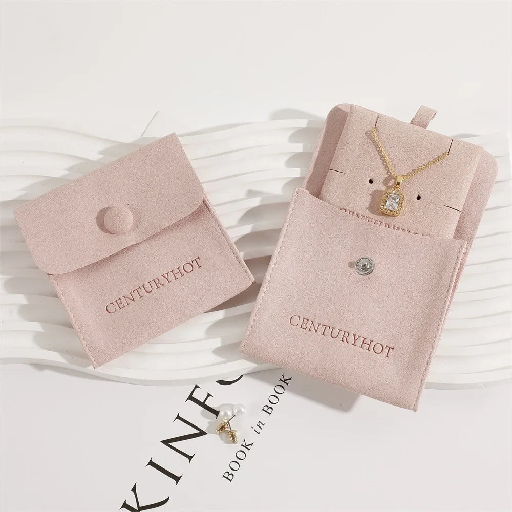 PUPPYSEW Pink Jewelry Microfiber Bag  With Logo Microfiber Pouch Snap Button Jewelry Pouch With Insert Pad Necklace Pouch