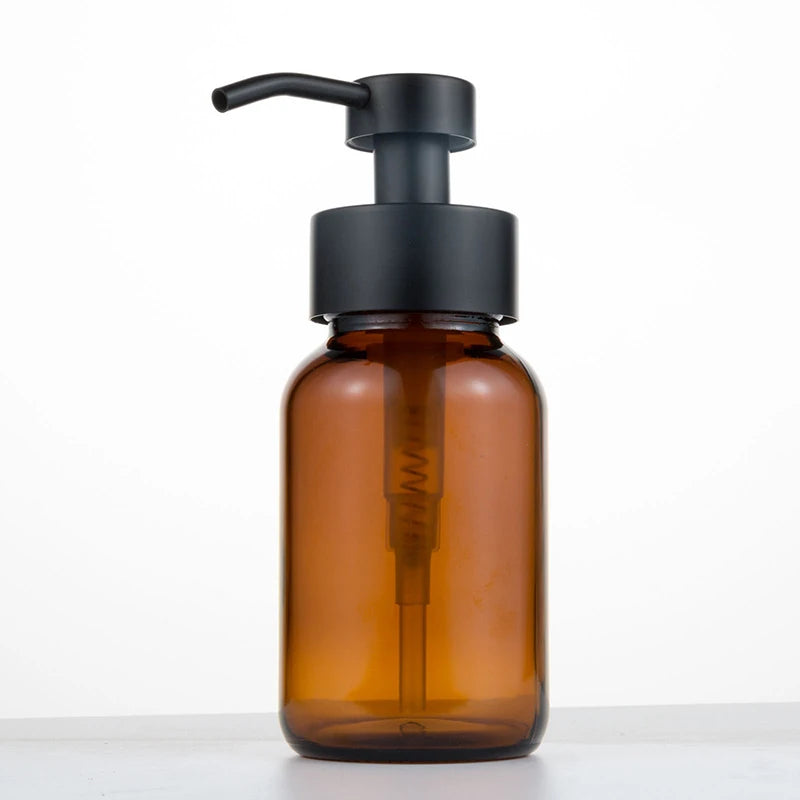 LongAn 250ml Small Amber Glass Foam Pump Dispenser with Stainless Steel Lotion Pump for Liquid Soap Matte Finish