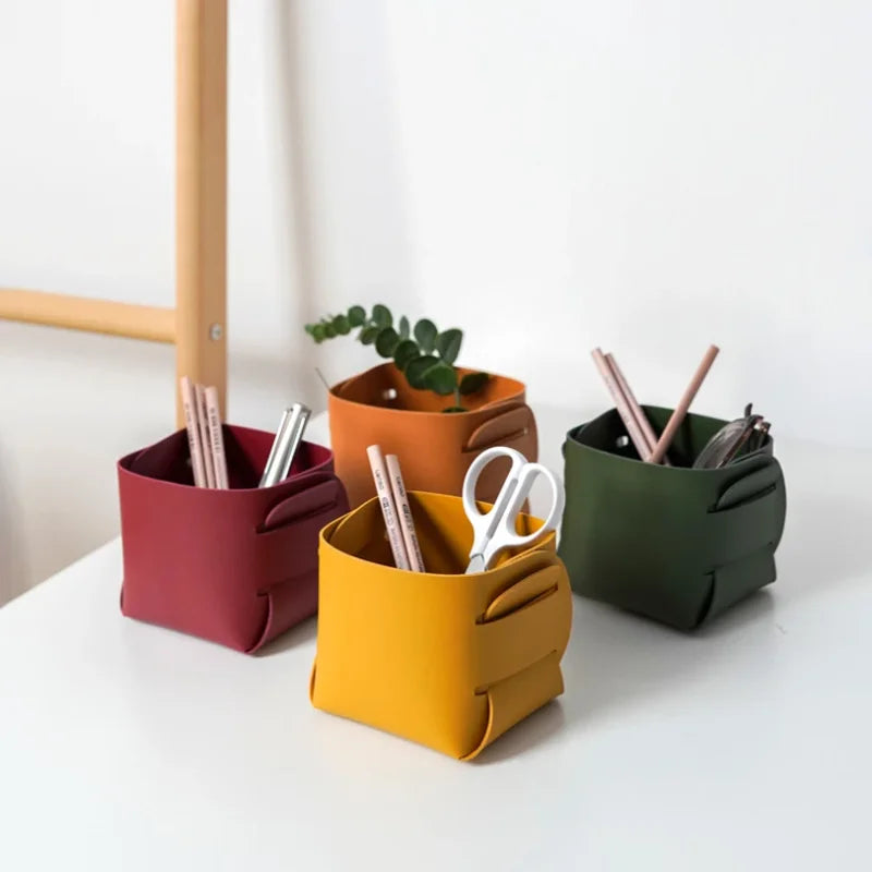 Leather Office Organizer Square Pen Holder Desk Storage Box Cosmetic Storage Box