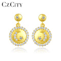 CZCITY Earring 14K Gold Plated Over S925 Sterling Silver Circle Drop Earring CZ Moon Star Jewelry for Women Dainty Wear