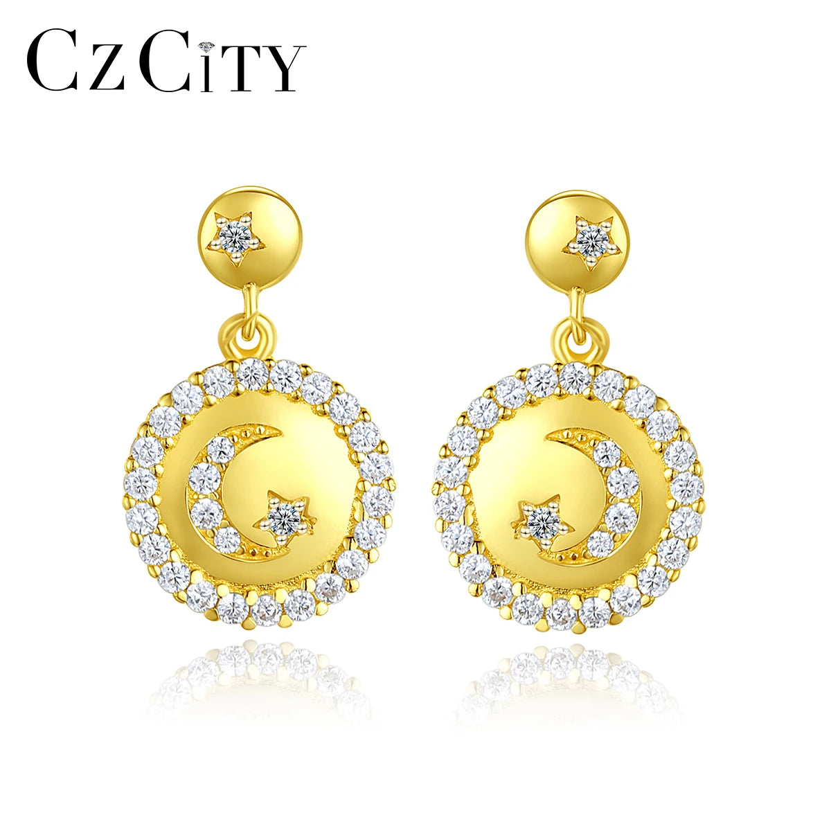 CZCITY Earring 14K Gold Plated Over S925 Sterling Silver Circle Drop Earring CZ Moon Star Jewelry for Women Dainty Wear