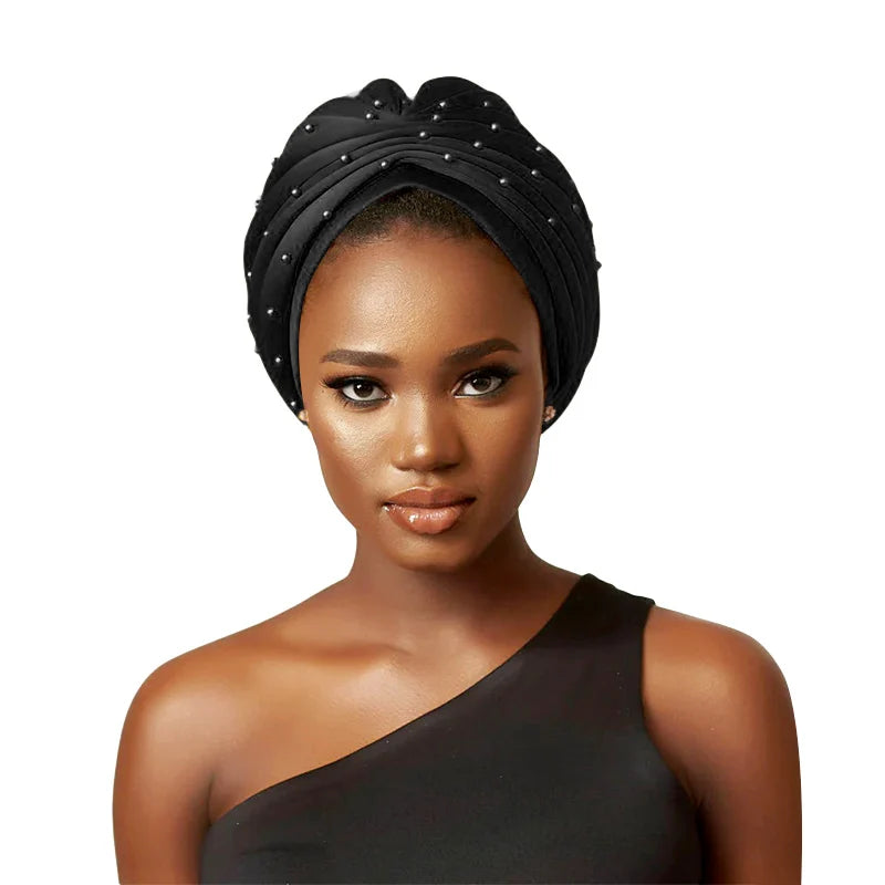 African Turban Head Wrap Beaded Beanie Headwear Flower Twisted Head Turbans for Women and Girls