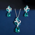 Chic Bright Blue Waterdrop CZ Cubic Zircon Crystal Leaf Pendant Necklace and Earrings Ladies Jewelry Set Fashion Korean Style