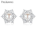 CZCITY Wedding Earing Cubic Zirconia Flower Luxury Silver Freshwater Pearl Jewellery Stud Big Earring Woman