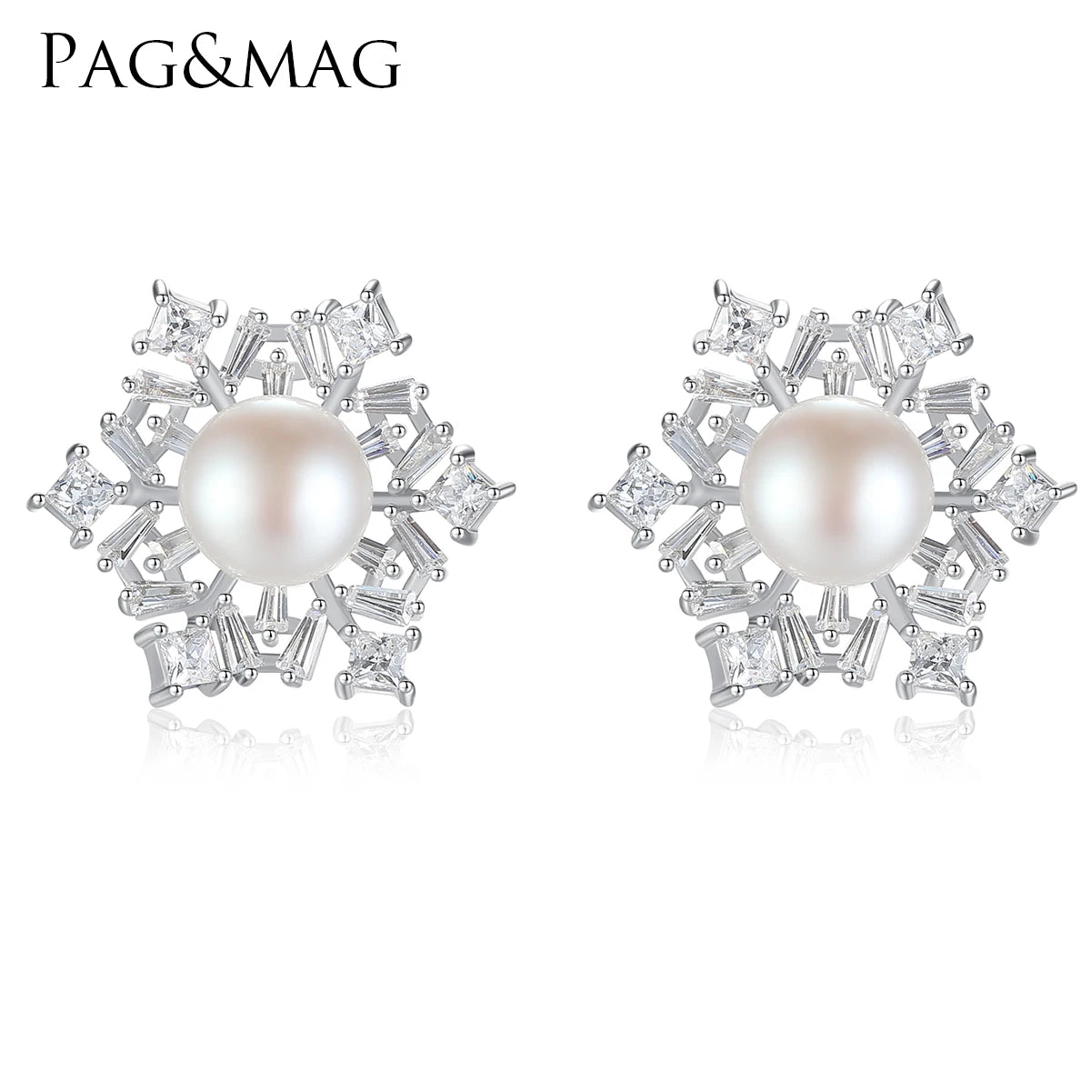 CZCITY Wedding Earing Cubic Zirconia Flower Luxury Silver Freshwater Pearl Jewellery Stud Big Earring Woman