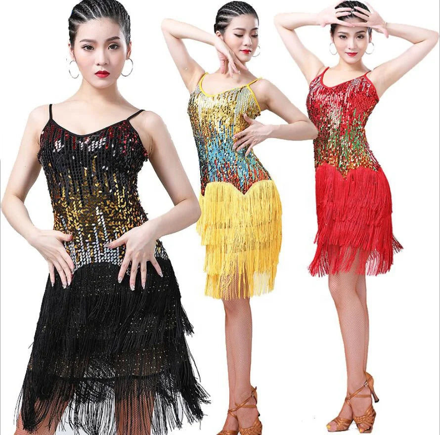Latin Dance Suspender Dress High Quality Cheap Sexy Women's Colorful Sequin 1 Piece Hand Made 100% Polyester for Women Adults