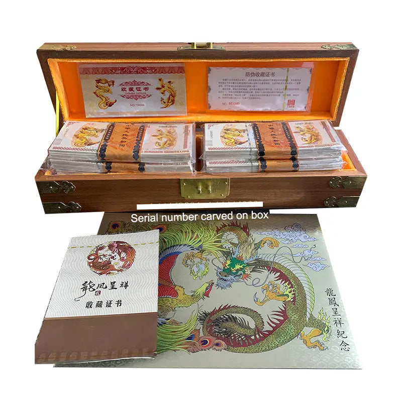 1000pcs Chinese Yellow Dragon and Phoenix Banknote One Hundred Quintillion Vigintillion 153 603 303 Banknote UV with Serial Box