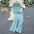 Women's Summer Korean Knit Suit - Elegant Two-Piece Set with Short-Sleeved Color-Block Top & High-Waisted Wide-Leg Pants