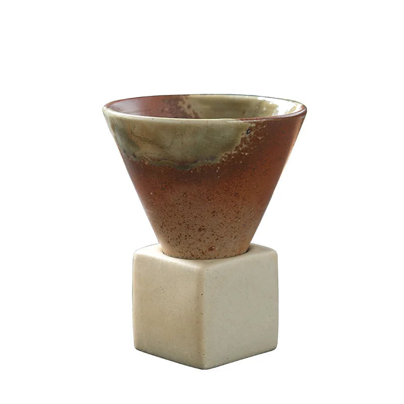 Creative Hand Traced Glazed Ceramic Tea Cup Personal Water Mug Cup Holder with Rough Pottery Base for Tea Cups & Saucers