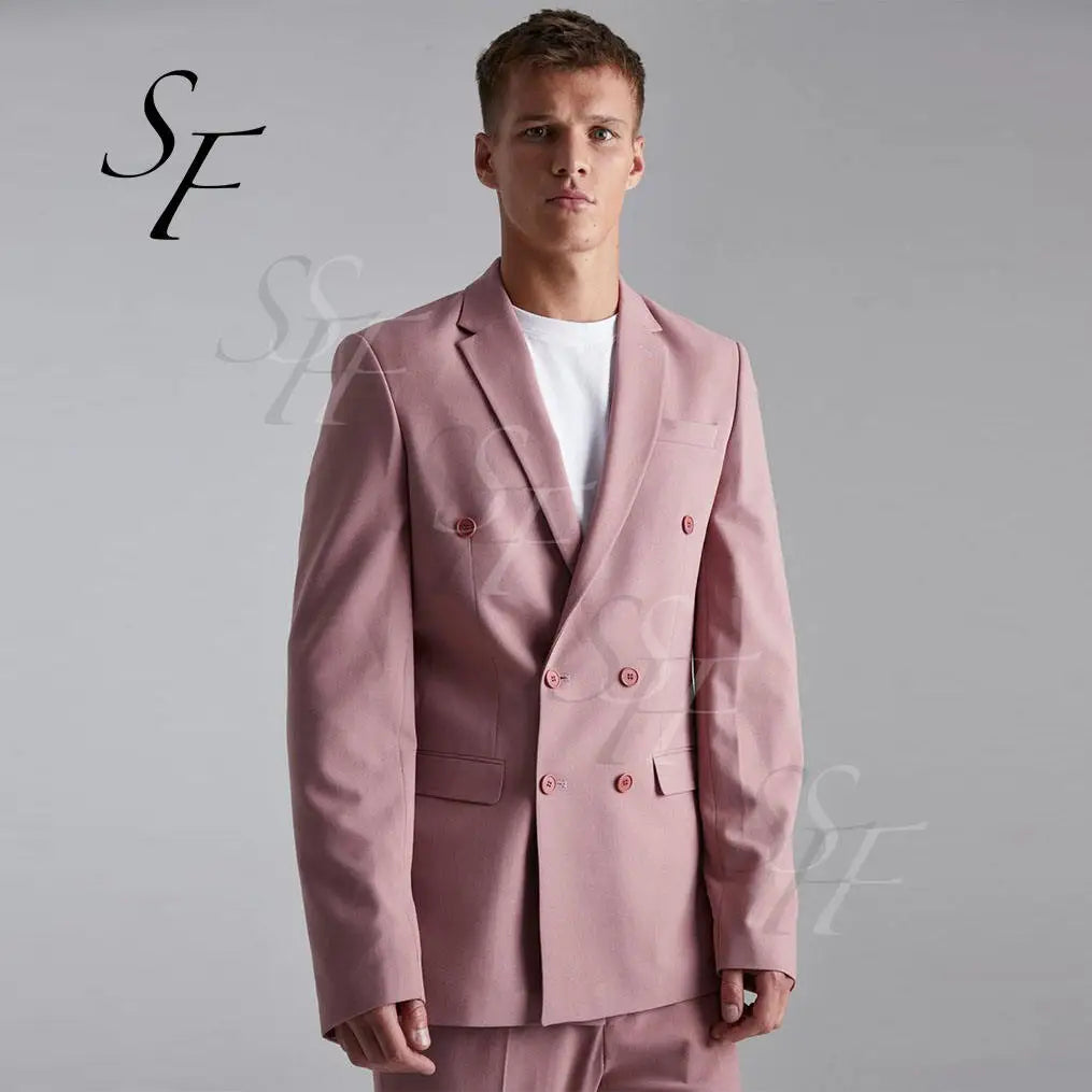 Custom Logo Polyester Men Casual Double Breasted Slim Suit Jacket blazer Office Lapel Long Sleeve Coat for Men