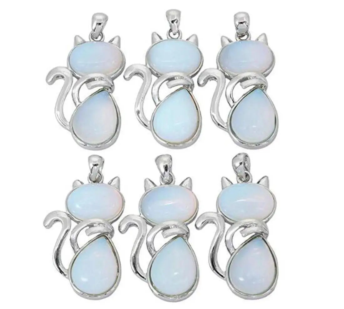 Silver Cat Stone Pendant Cat Healing Crystal Necklace Animal Energy Chakra Amulet Handmade Jewelry for Women