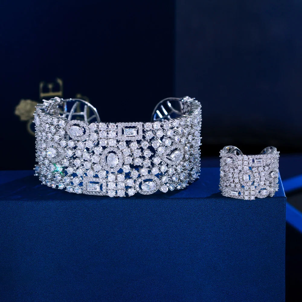 Super Luxury Jewellery White Gold Plated Cubic Zircon Women Big Bangle and Ring Jewelry Set for Wedding Evening Banquet