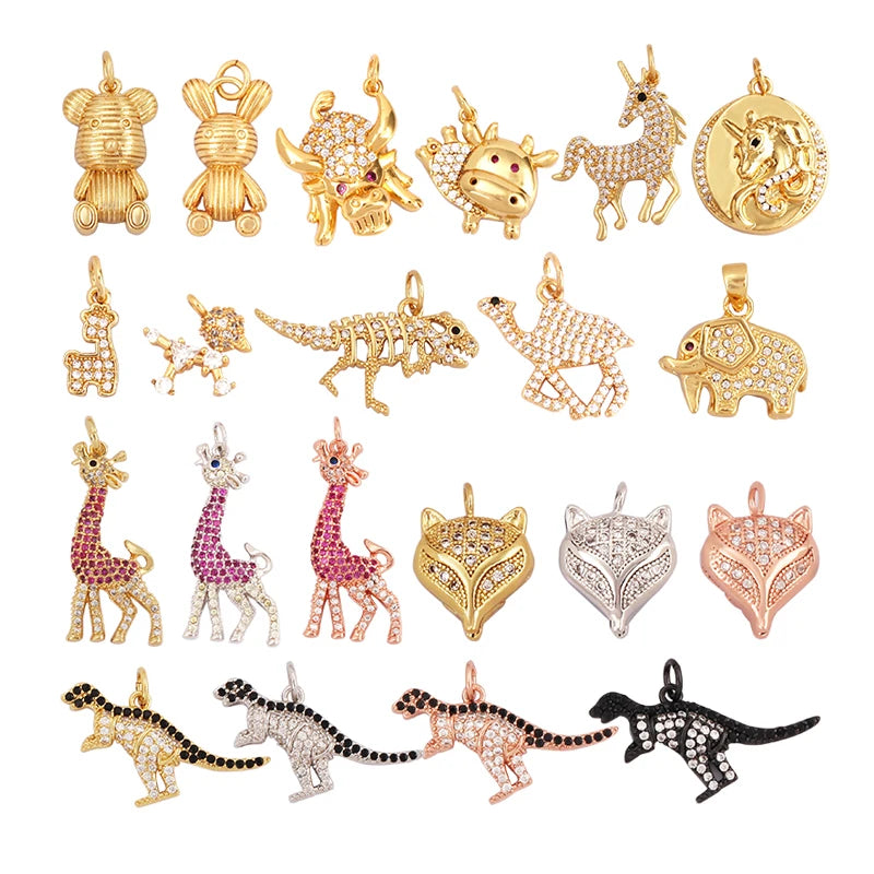 Unique Fine Bear Cow Unicorn Giraffe Dinosaur Camel Fox Animal Charm PendantCute 18K Gold Necklace Bracelet Jewelry Supply L43