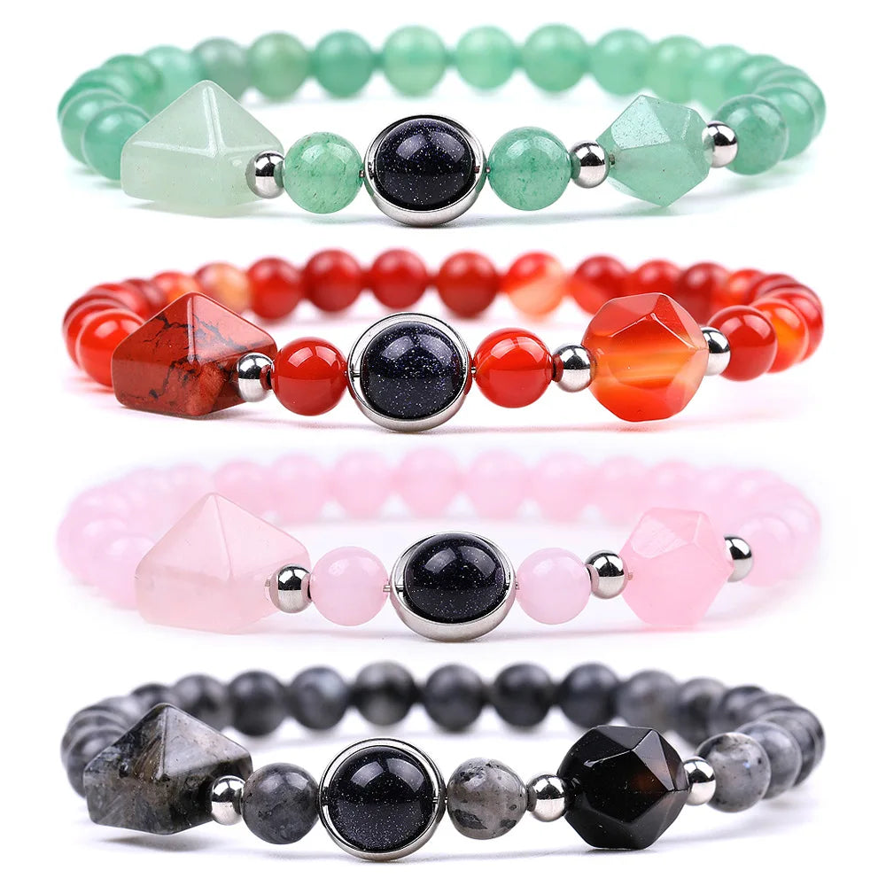 New Fashion Handmade Faceted Stone Pyramid Amethyst Pink Crystal Obsidian Tiger Eye Natural Stone Beads Bracelet for Women
