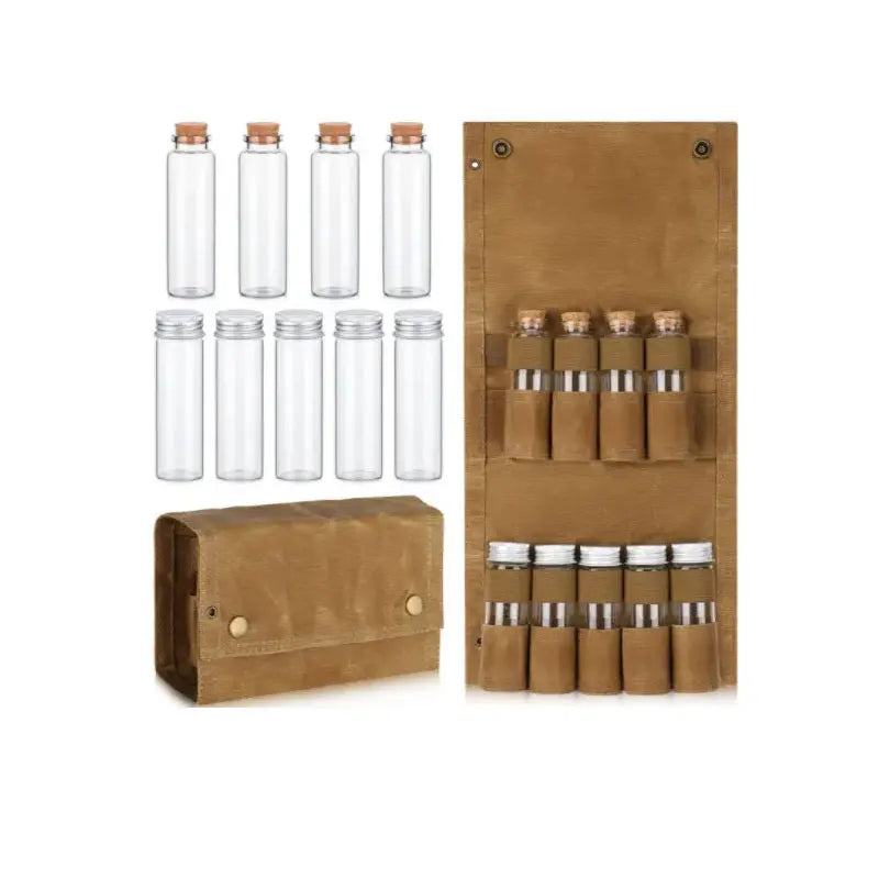 Portable Canvas Storage Bag with 9 Reusable Spice Jars Mini Condiment Bottle Organizer for Seasoning Storage
