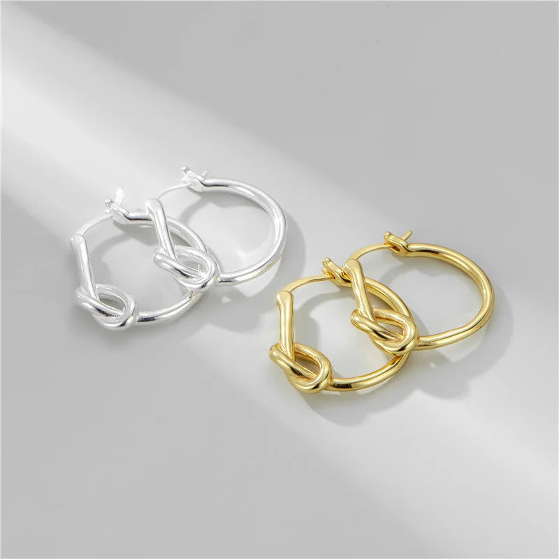 Chunky Gold Plated & 925 Sterling Silver Huggie Hoop Earrings Twisted Rope Knotted Design Women's Elegant Jewelry Gift Party