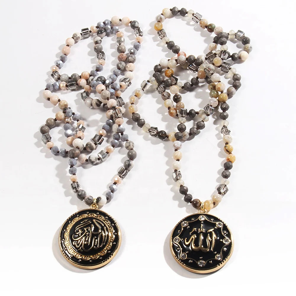 New Religious Symbol 6mm Natural Stone Crystal Glass Knotted Necklace Alla Rhinestone Round Pendant Necklace