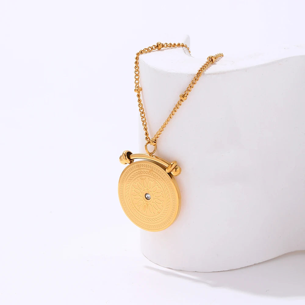 Fenny 18K Gold Plated Wholesale Waterproof Popular Beads Chain Round Coin Zirconia Pendant Stainless Steel Necklace for Women