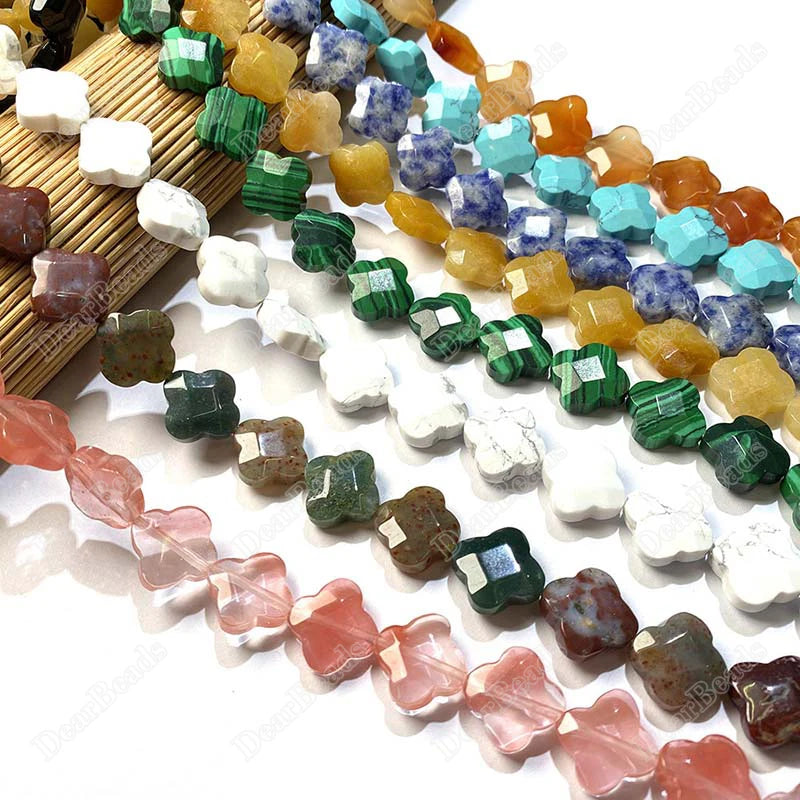 Natural Clover Shaped Gemstone Beads Malachite Rose Quartz Agate 4 Four Leaf Clover Stone Beads for DIY Jewelry Making
