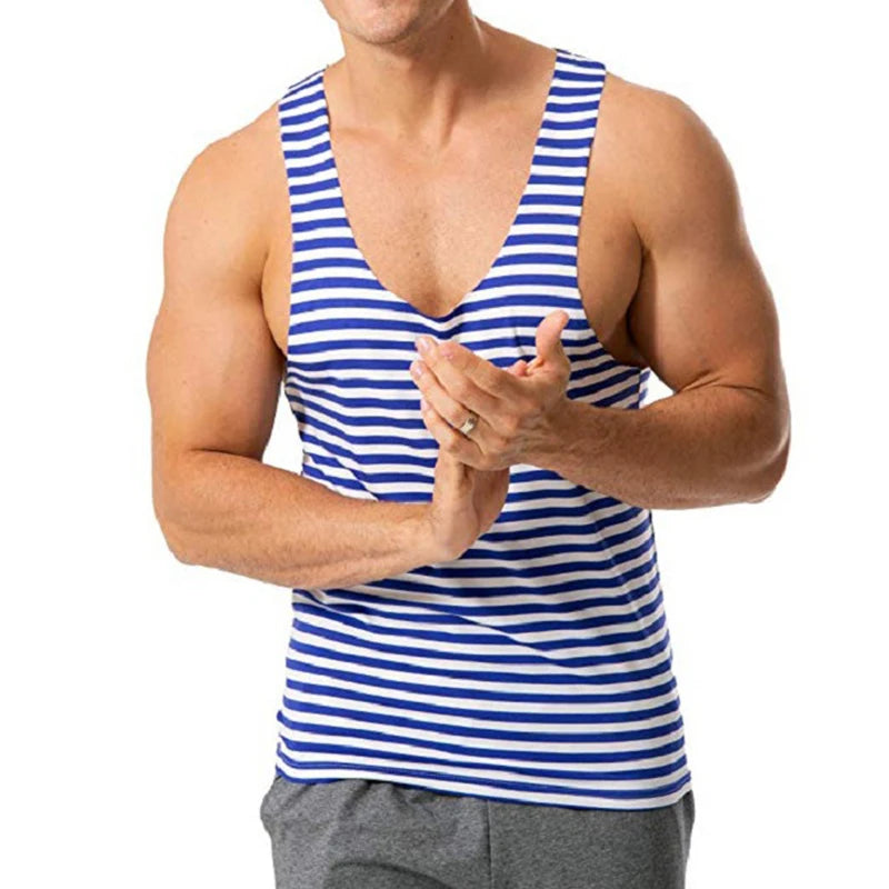 Custom Men's Sexy Sleeveless Shirt Gym Tank Tops Crew Neck Muscle Singlet Bodybuilding Vest Fitness Striped Casual Tank Top