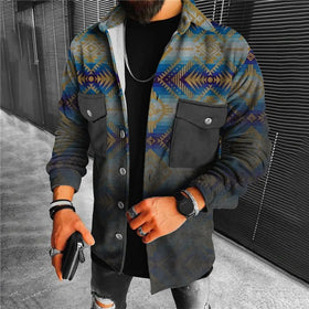 Vintage Crocheted Men's Jacket Regular Fit Long Sleeves Buttons Western Aztec Navajo Print Thicken Winter Coat Plus Size Dyed