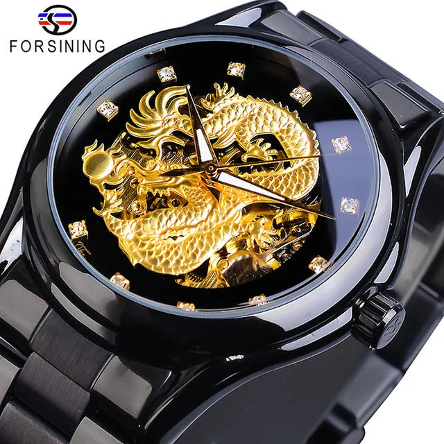 Forsining Watch Men's Skeleton Golden Mechanical Automatic 3D Carved Dragon Steel Wrist Watches Top New Luxury Self Wind Clock